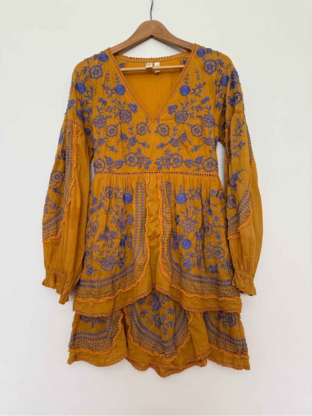 Anthropologie Mustard Floral Embroidered V-Neck Dress
